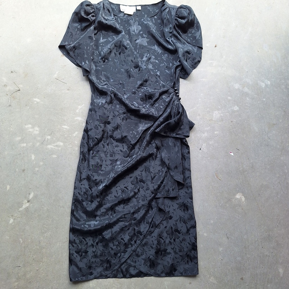 Vintage 80s Black Satin Damask Floral Whimsigoth Flounce Flutter Peplum Dress 10 - Picture 2 of 6